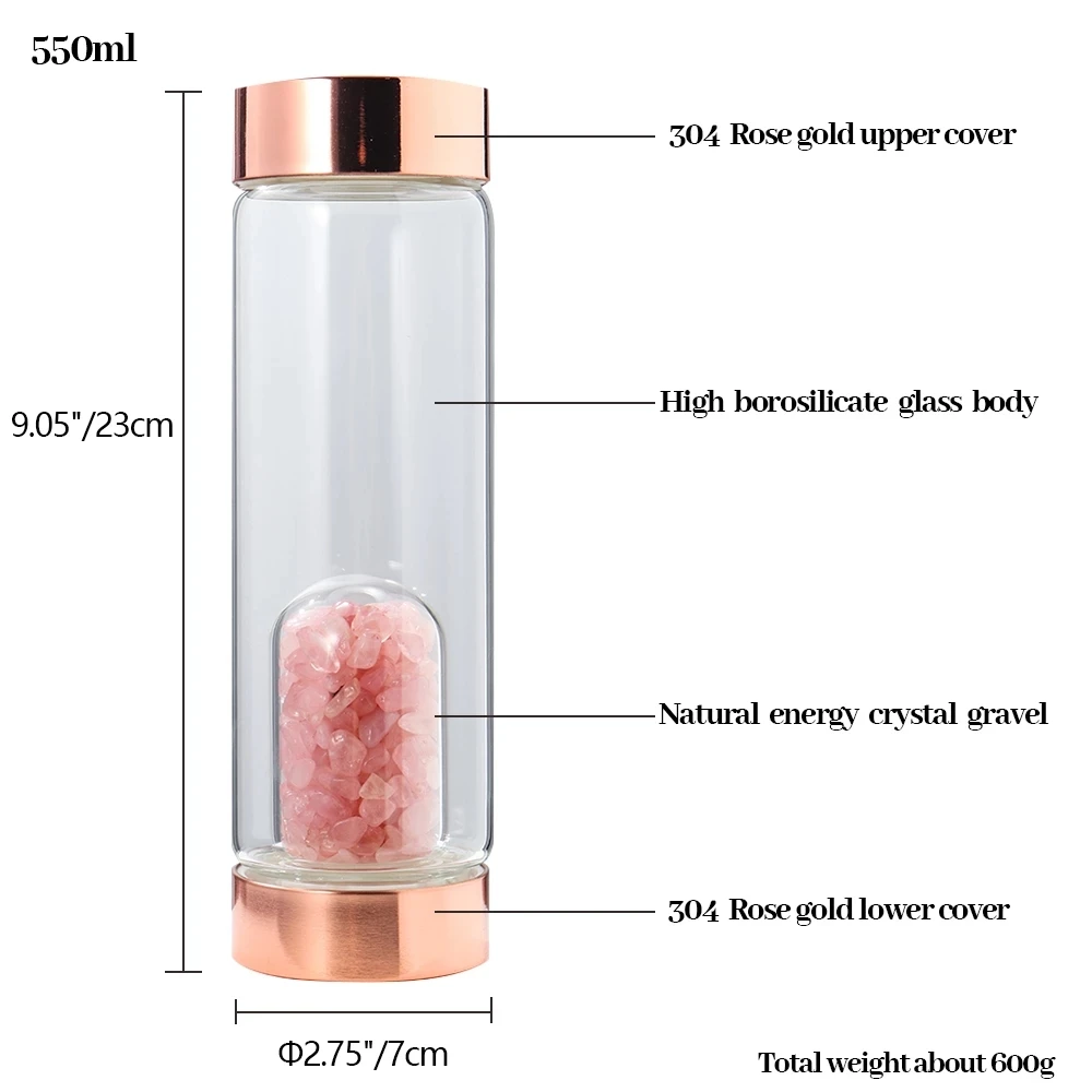 Crystal Elixir Glass Water Bottle With Healing Rose Quartz Gemstones Water Bottle For Women Promotional Gift With Logo Printing