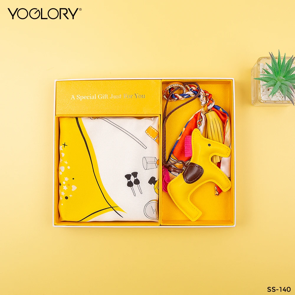Novelty Gifts yellow silk scarf and key chain bag charm gift set with custom logo gifts for women