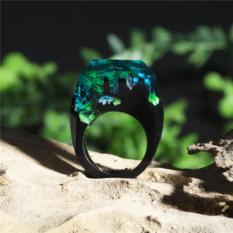 Handmade Wood Jewelry Magic Wood Gift Natural Scenery Epoxy Resin Wooden Rings for Women