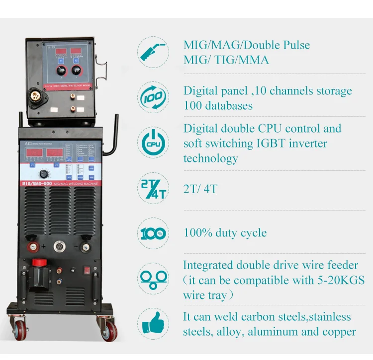 220v 380v Aluminum Double Synergy Pulse Digital Inverter MMA NBC Co2 Maquina MIG MAG 500 Welding Machine