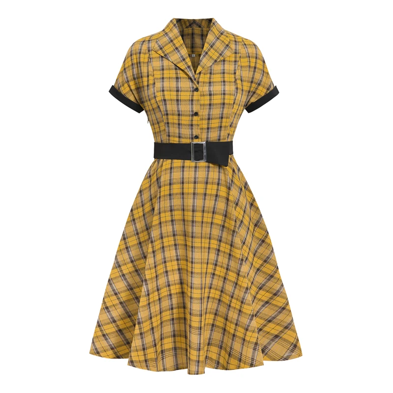 Classic British Plaid Dress With Short Sleeves And A Wide Swing Vintage Dresses Vestiti Dresses Women Lady Elegant Casual