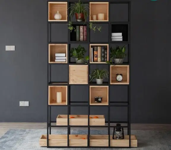 
hot sale Creative Storage Living Library Iron art Wooden Bookshelf Bookshelf 