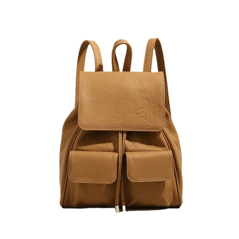 Stylish OEM brown black beige Lychee patterns PU leather 2 pockets drawstring backpack for women