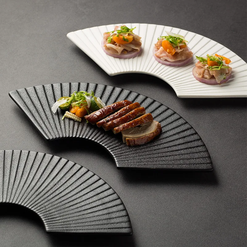 High quality restaurant serving plates, sushi, desserts, dinner tableware, unique fan design