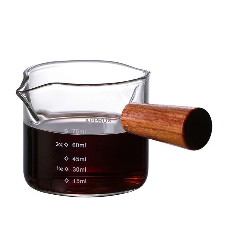70/75ml Heat-resisting Glass Espresso Measuring Cup Double Mouth Glass Milk Jug With Wooden Handle Glass Scale Measure Mugs