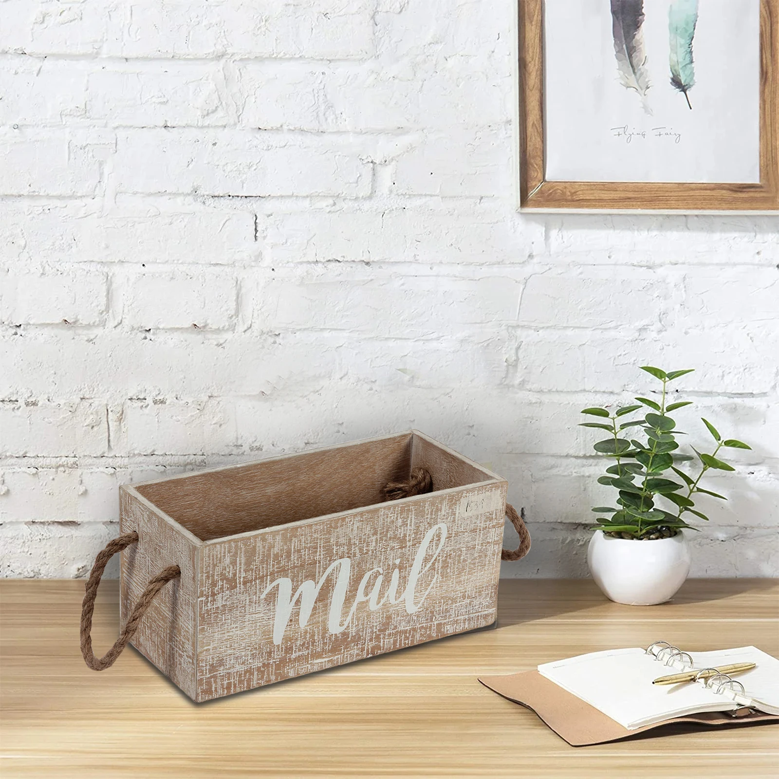 Wood Mail Organizer Box Countertop Mail Holder Box With Rope Handle Desk Mail Sorter For Office Home Wooden Desktop Organizer