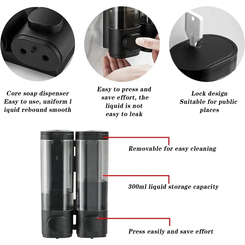Bathroom Abs Lockable Hotel Bathroom Shampoo Soap Dispenser Wall-mounted Double Soap Dispenser Manual Liquid Soap Dispenser