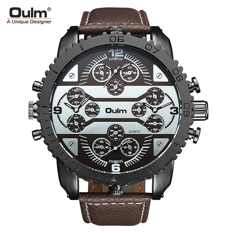 Oulm Hp3233 Military Luminous Casual Multifunction Leather Strap Large Dial Quartz Mens Style Luxury Alloy Watches