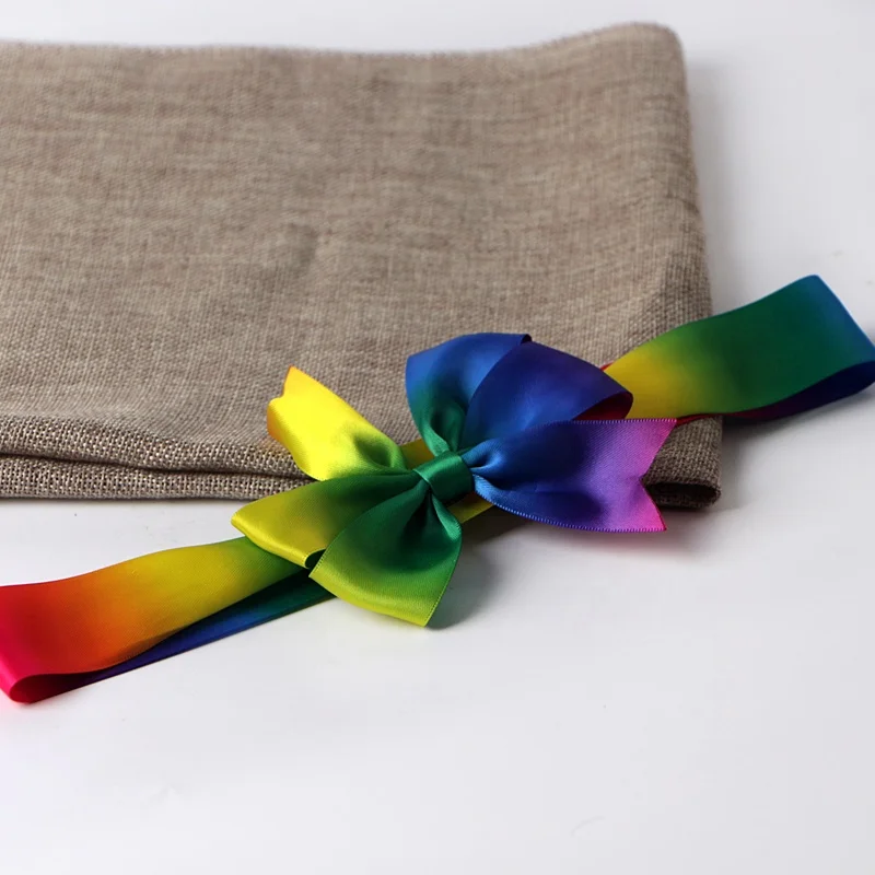 Rainbow ribbon bow gift printed decoration ribbon bow pre tied elastic ribbon bow with elastic loop