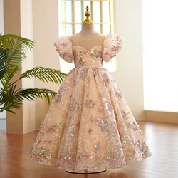 Summer Sequined Flower Girls Princess Puff Sleeve Maxi Evening Dresses Kids Performance Party Wedding Ball Gowns