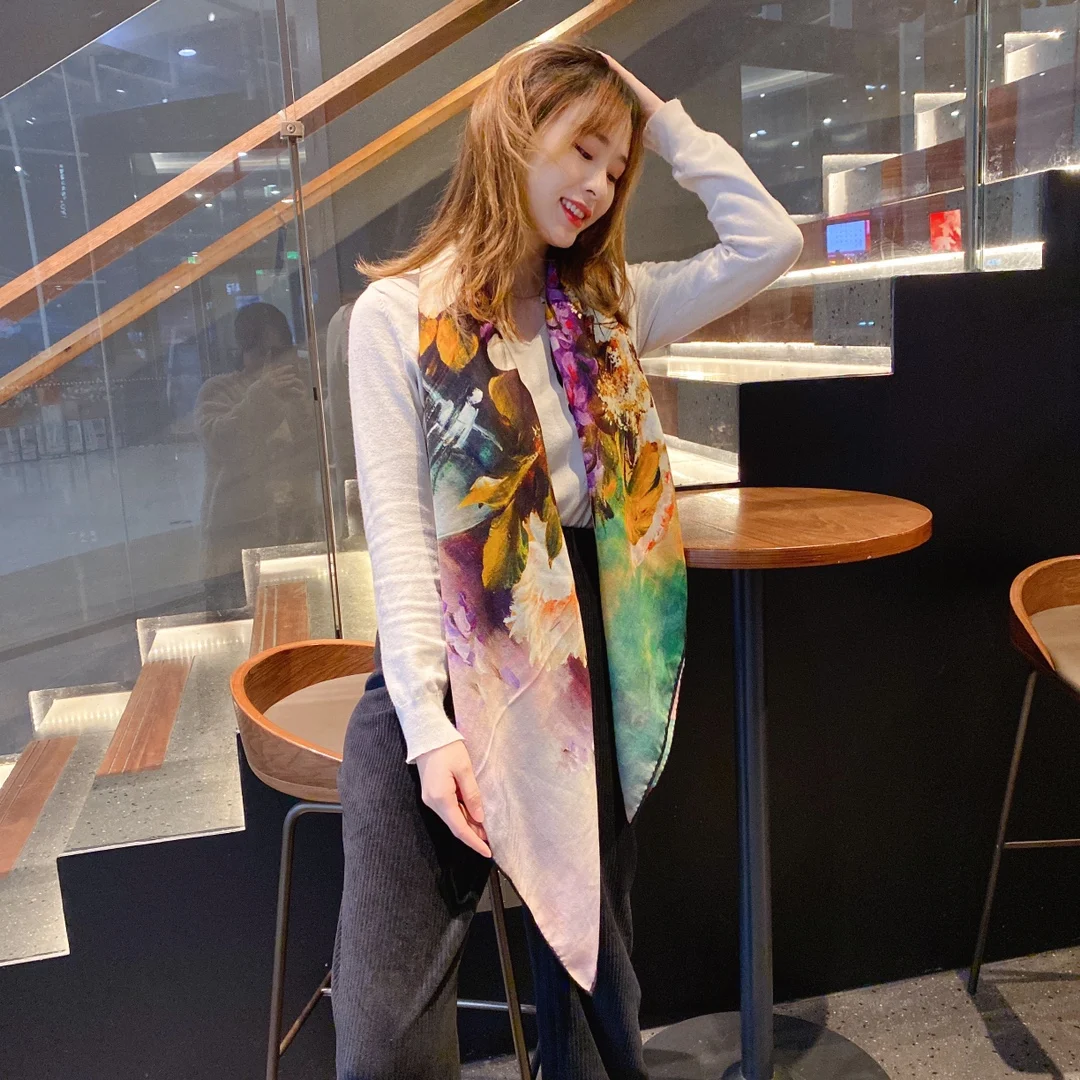 Luxury Large Shawls 140*140 Double-sided Blended Silk And Cashmere Scarf For Women