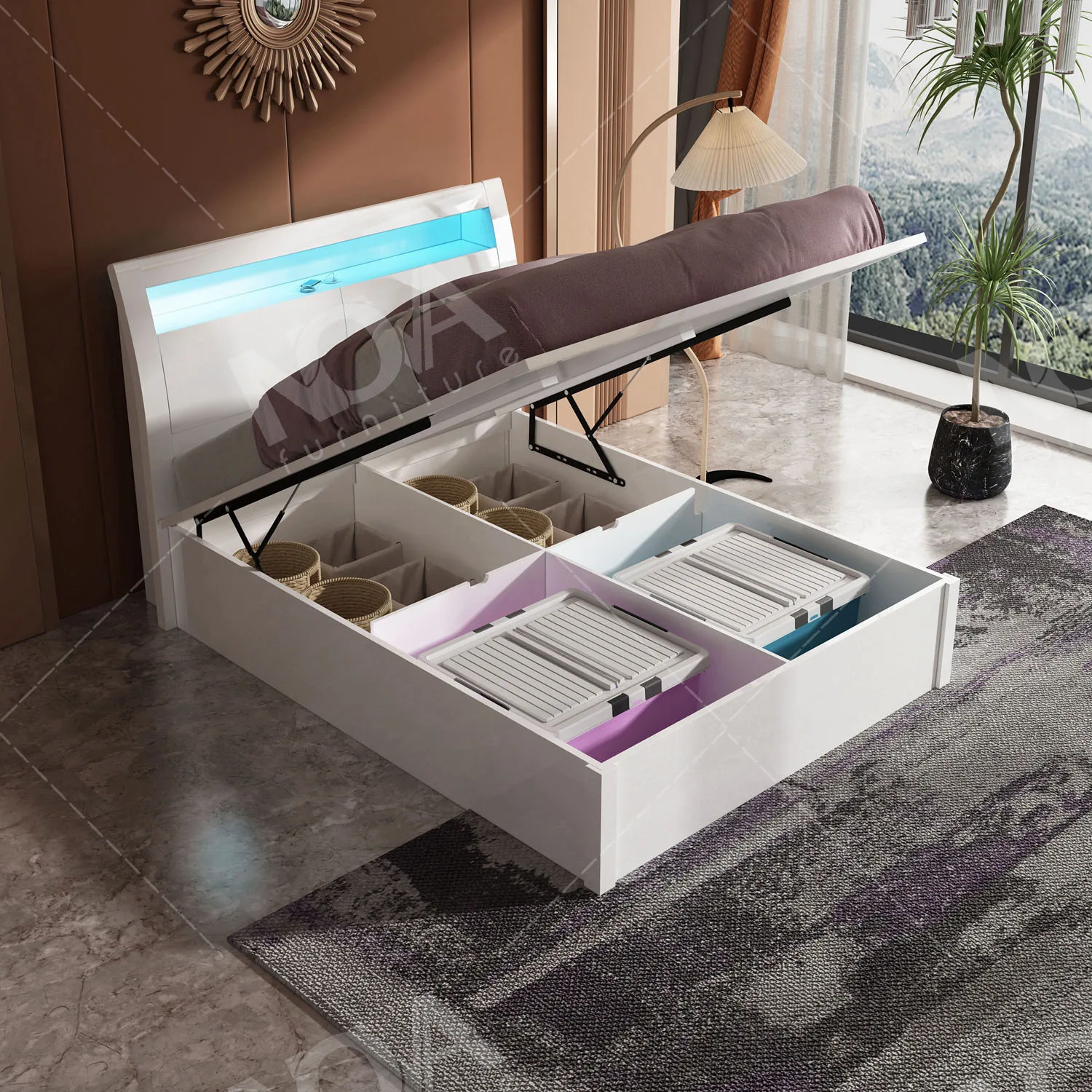 Bedroom High Gloss Painting White Modern Storage King Size Bed Master Bedroom Double Lift Up Storage Bed With Lighted Headboard