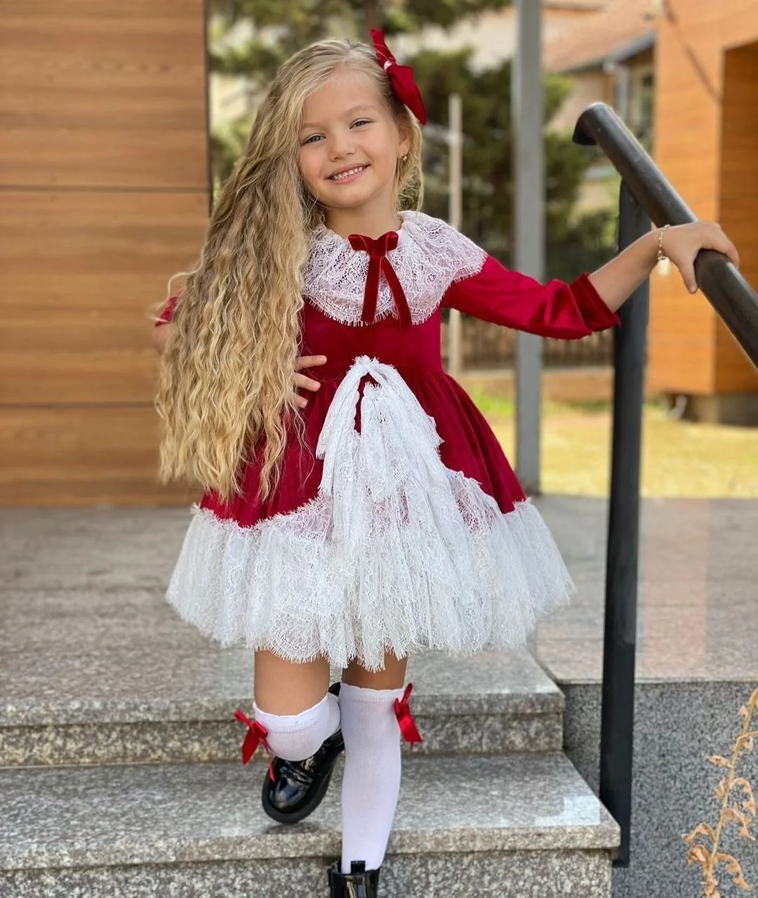 Girl Velvet Patchwork Lace Christmas Dress