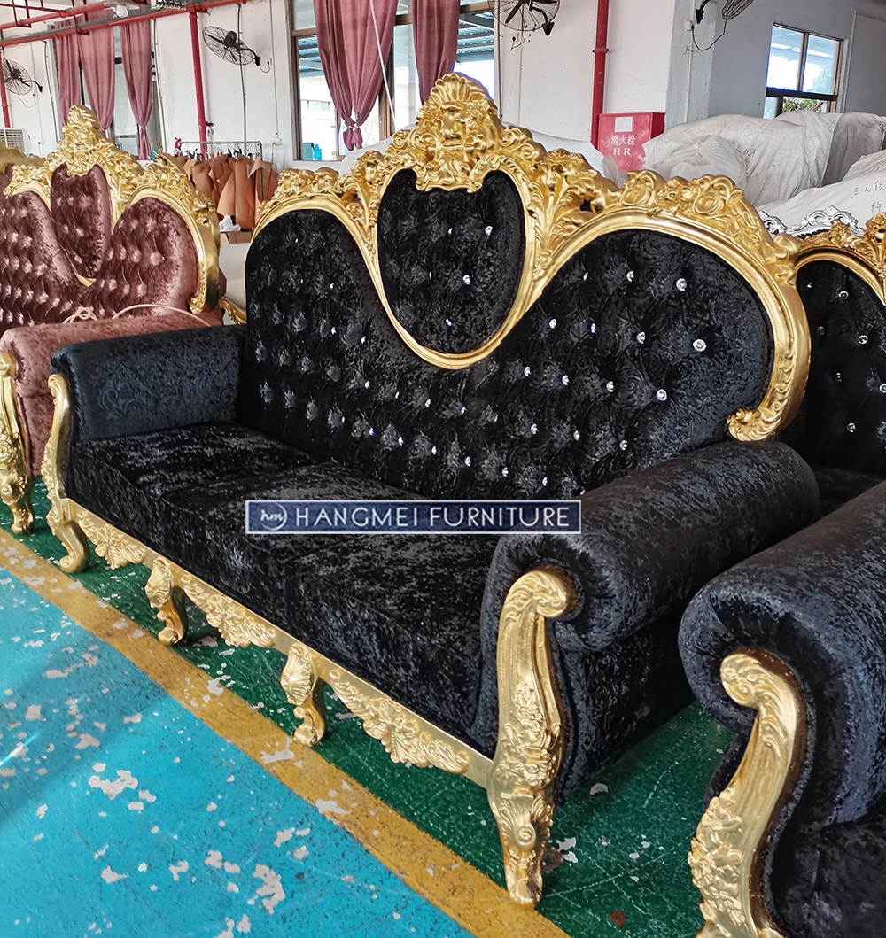 Wholesale High-Density Soft Cushion Gold Frame Fiberglass Banquet Throne Party Event Wedding Sofa for Living Room Use