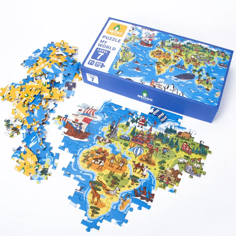Custom Printed board games 300pcs Cartoon world map  puzzle jigsaw for kids