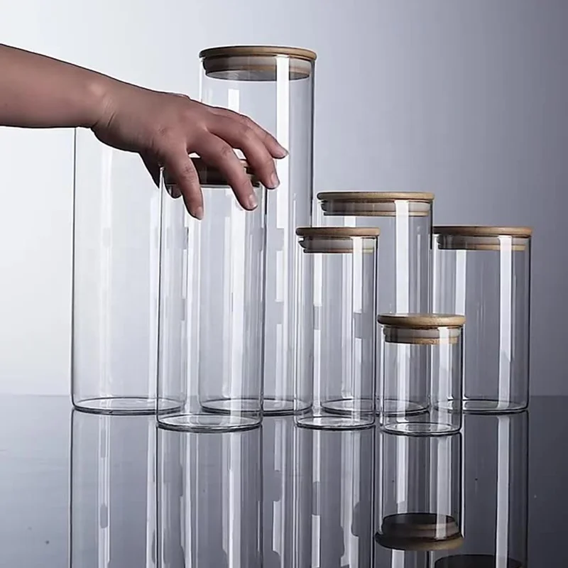 Стеклянные банки для домашней кухни, пищевые контейнеры с бамбуковой крышкой, банка для хранения свежей и сухой пищи с крышками, поставка с китайской фабрики