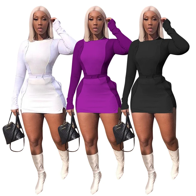 
hot sale long sleeve tops mini skirt two piece sets pretty women clothing 