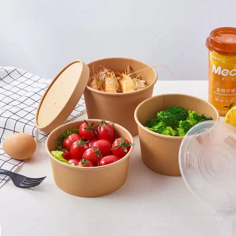 custom kraft paper soup cup bowl with lid disposable take away dessert rice salad noodle packing box container on sale