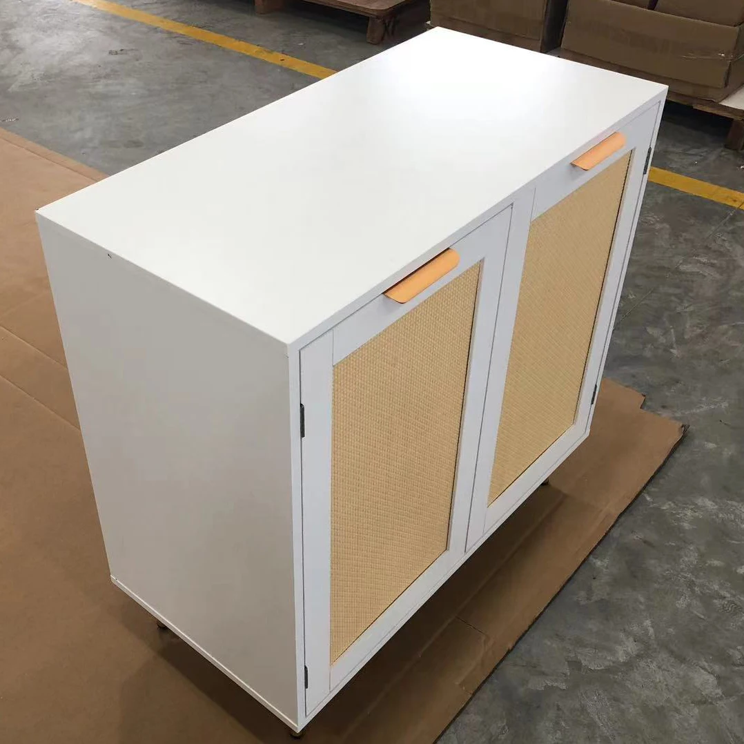 Storage Cabinet with  Rattan Decor Doors, Accent Cabinet with Solid Wood Feet Sideboard Cabinet for Hallway