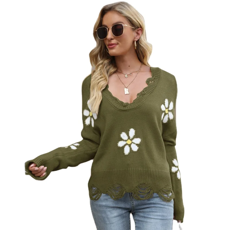 Mills Sisters Custom Logo Women Pullover V Neck Custom Sweater With Florets 2021 Ripped Long Sleeve Loose Knit V-neck Pullovers