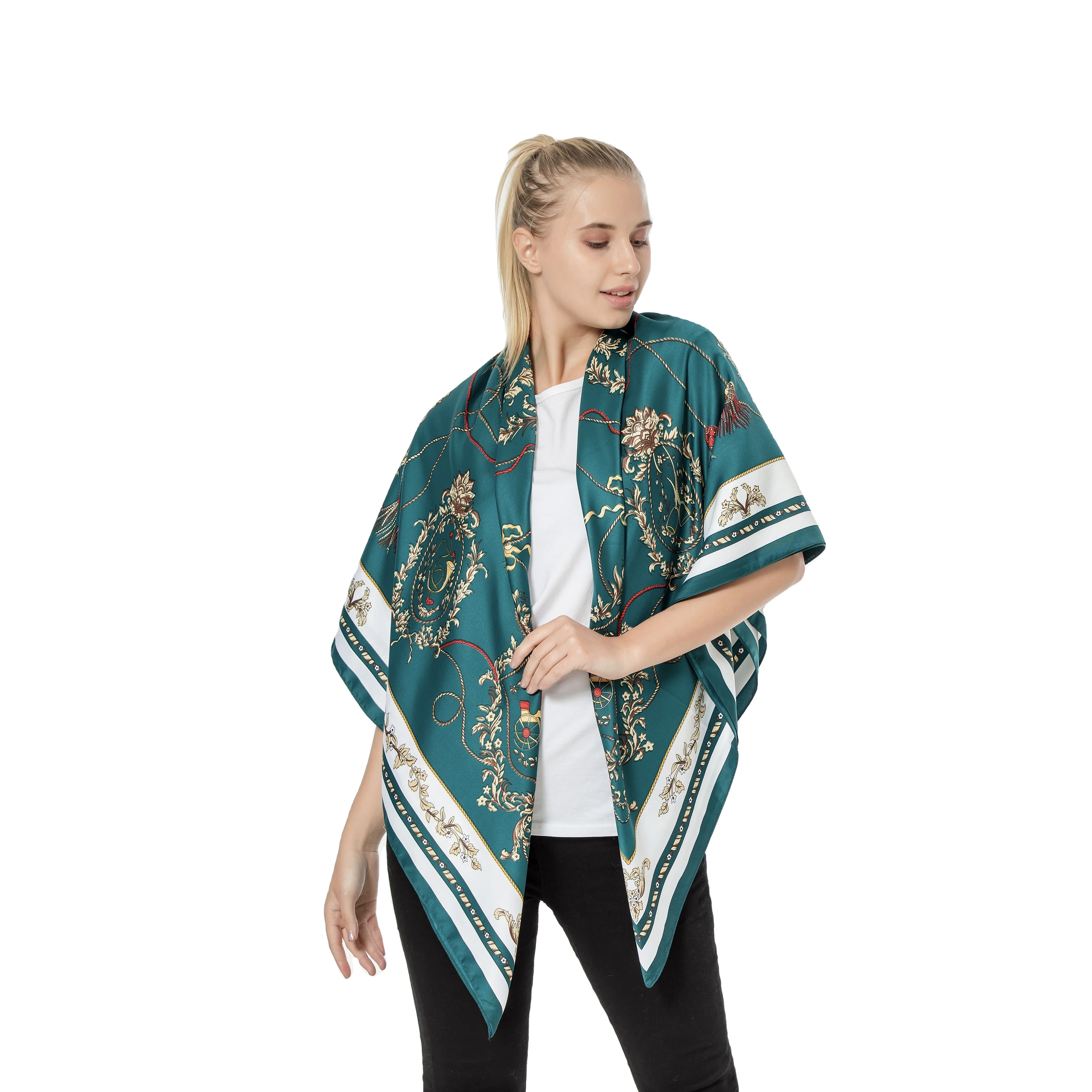 Шаль атласная с геометрическим принтом, квадратный шелковый шарф из полиэстера, аксессуар для головы, атласный хиджаб