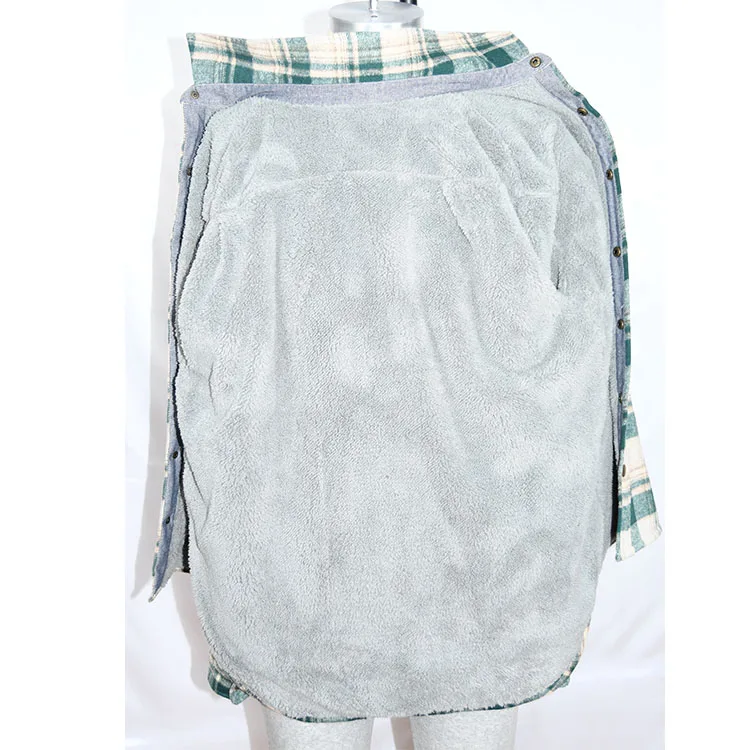 MENS HEAVY WINTER SHIRT IN HEAVY WOVEN POLY WOOL FLANNEL AND LINED UP WITH SOFT SHERPA  GREEN GEIGE PLAID