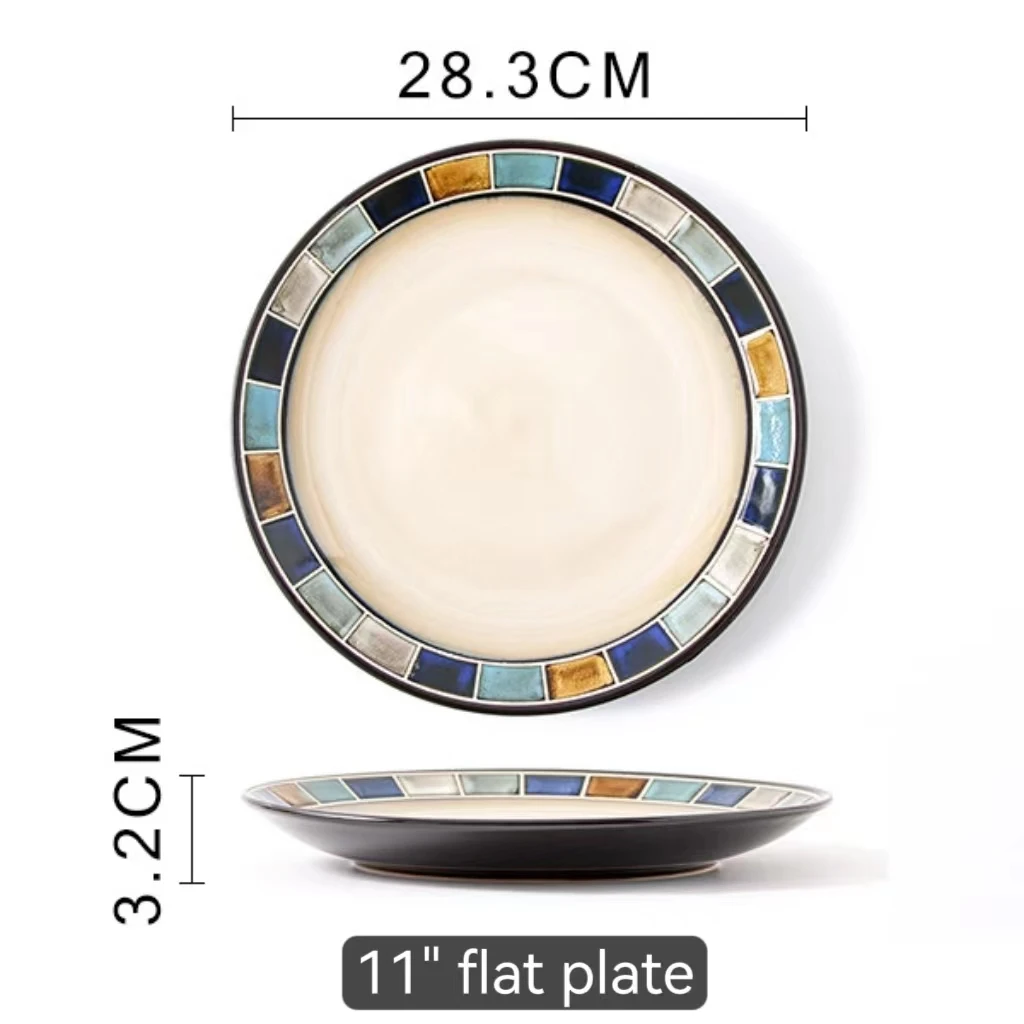 Underglaze blue plaid ceramic tableware set porcelain Hand painted Salad bowl dish Rice bowl steak plate fish