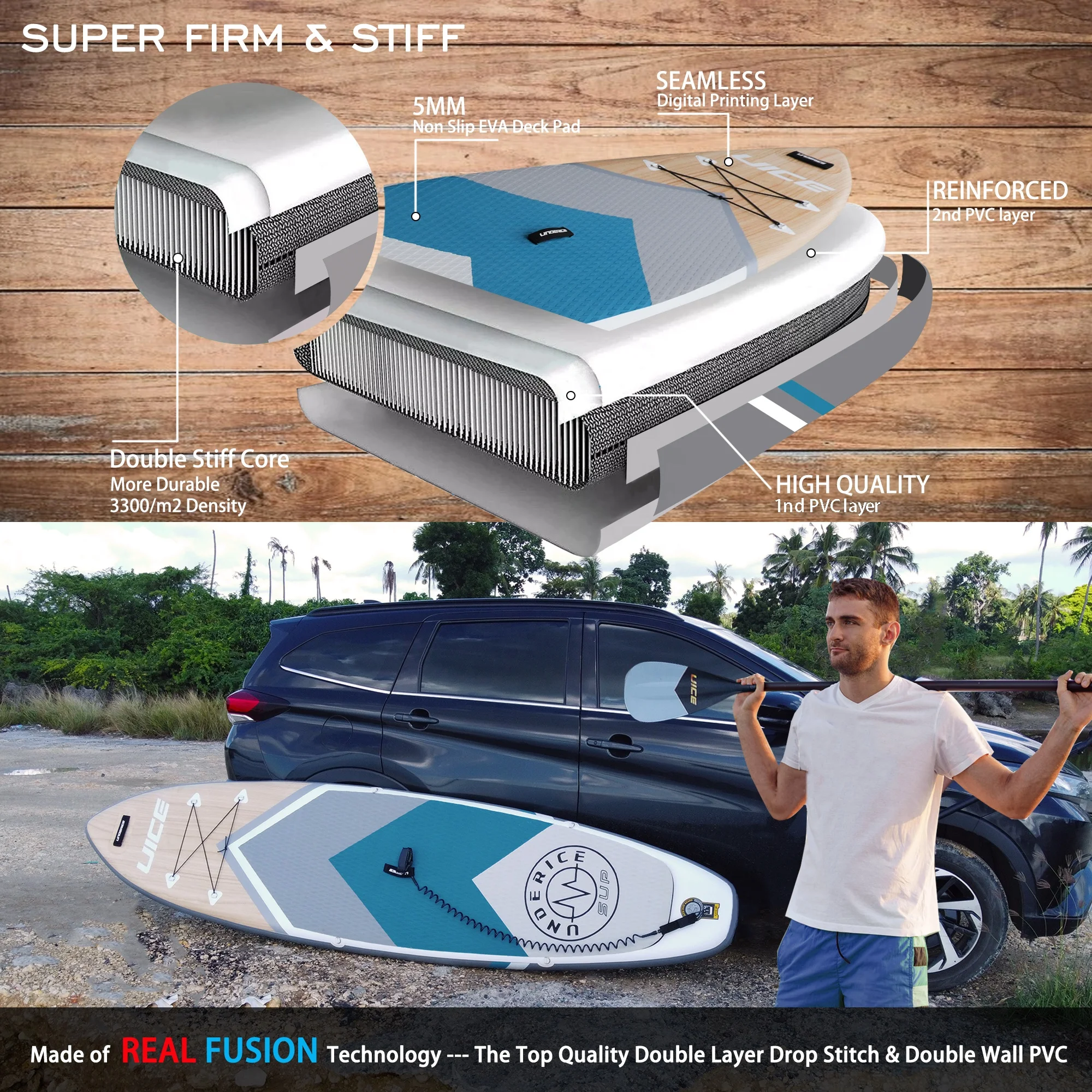 Трехслойная Высококачественная надувная доска UICE с деревянным дизайном для рыбалки и серфинга