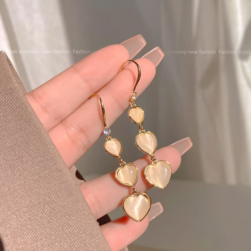 Fashion Long Opal Heart Tassel French Earrings for Women Luxury Long Tassel Dangle Earring Wedding Party Luxury Jewelry Gift