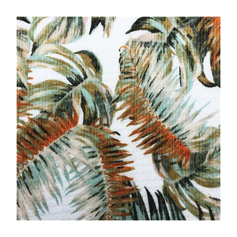 Hot sale Sublimation Palm leaf design knitted fabric 185gsm TR stretch printed baby rib fabric for garment