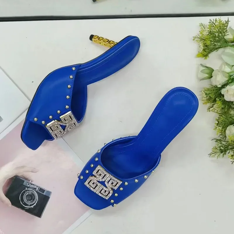 Blue Rhinestone Sandals Woman Open Toe Black Real Leather Strange High Heels Lady Sexy Party Shoes
