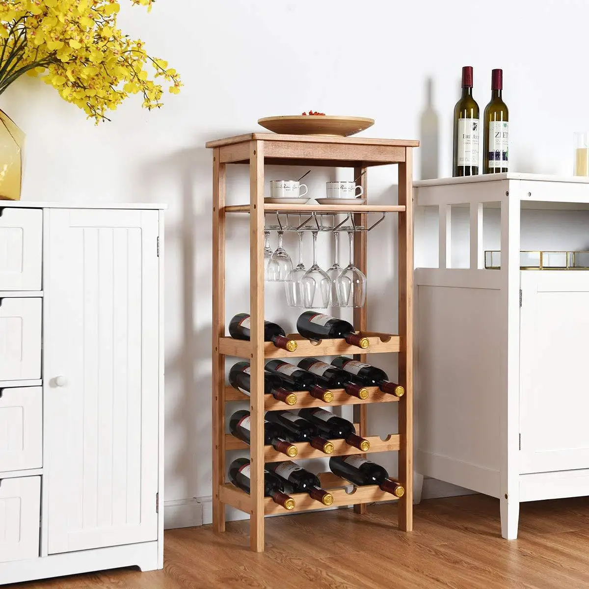 6 tier freestanding wine holder bamboo wine rack wine bottles storage display shelf rack for kitchen Bar Cellar