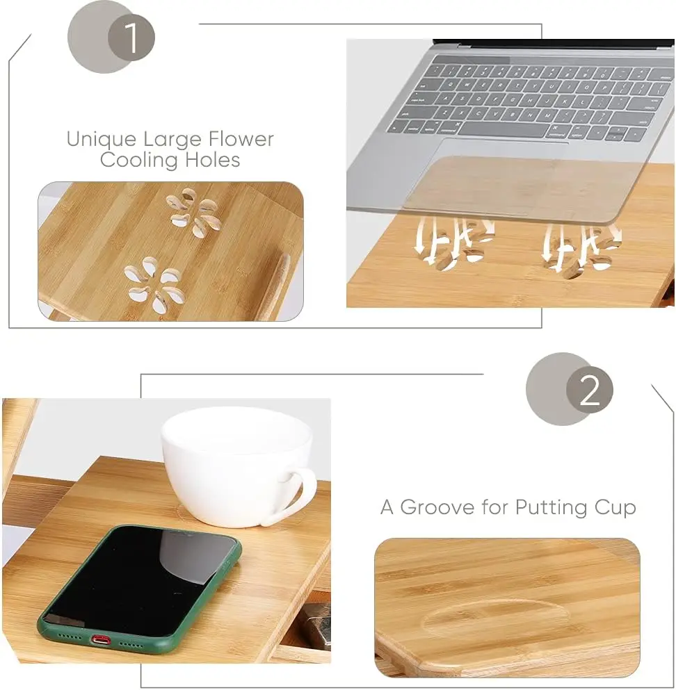 Durable Bamboo Desktop Tray, Adjustable Height and Tilting Bed Tray, foldable laptop for reading, lunch