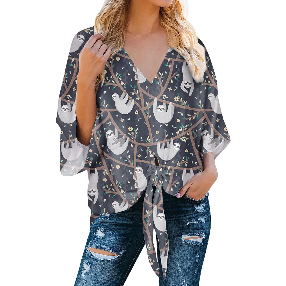 
Custom Made Chiffon Blouses Cartoons Sloth Printing Deep V-neck Sexy Flared Sleeves Fashion Sexy Casual Looses Shirts 