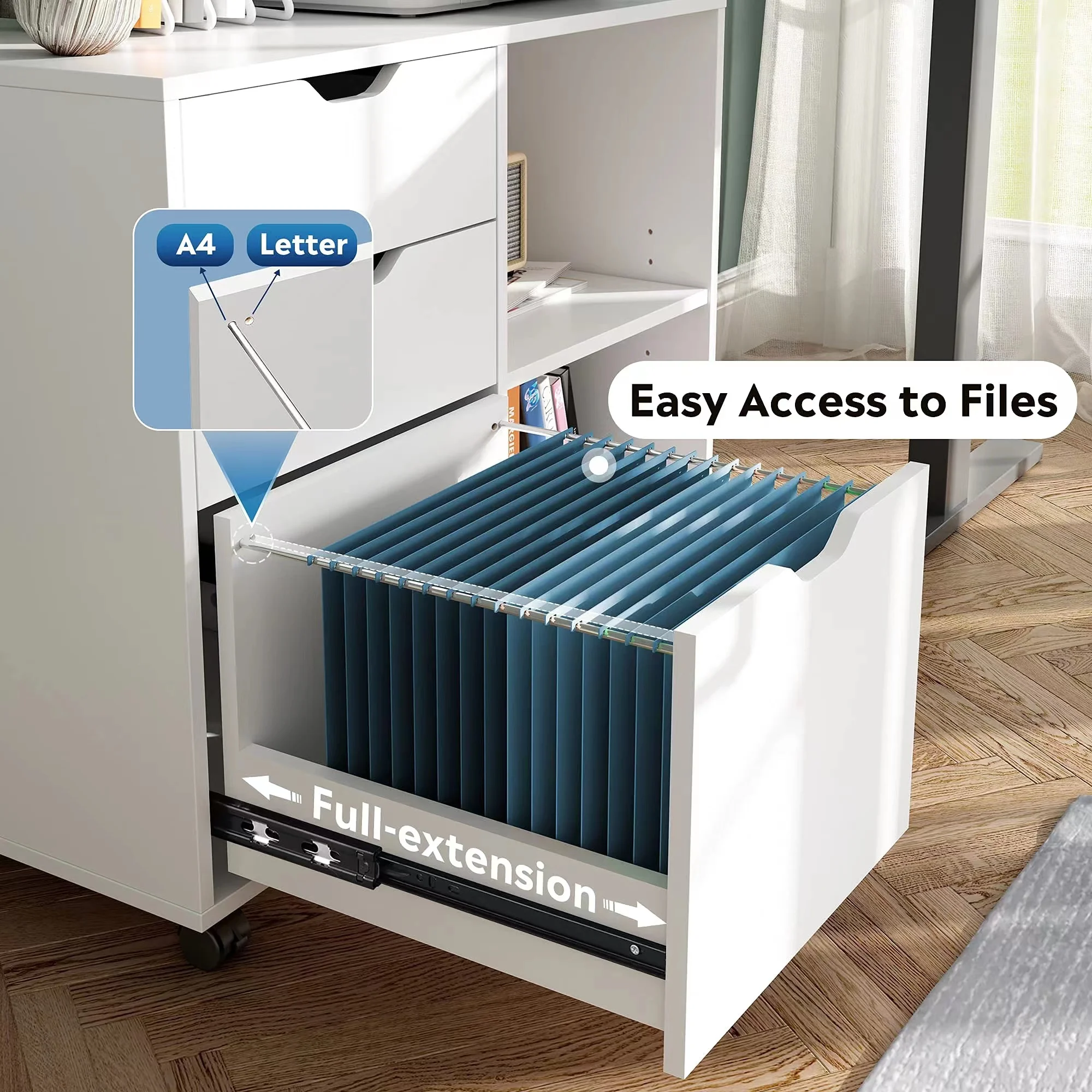 DEVAISE 3-Drawer Wood File Cabinet, Mobile Lateral Filing Cabinet, Printer Stand with Open Storage Shelves for Home Office