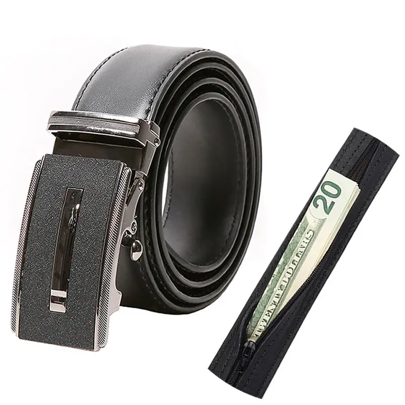 Fast delivery Automatic Sliding Custom Hidden Zipper Money Belt Genuine Leather Ratchet Belts For Men