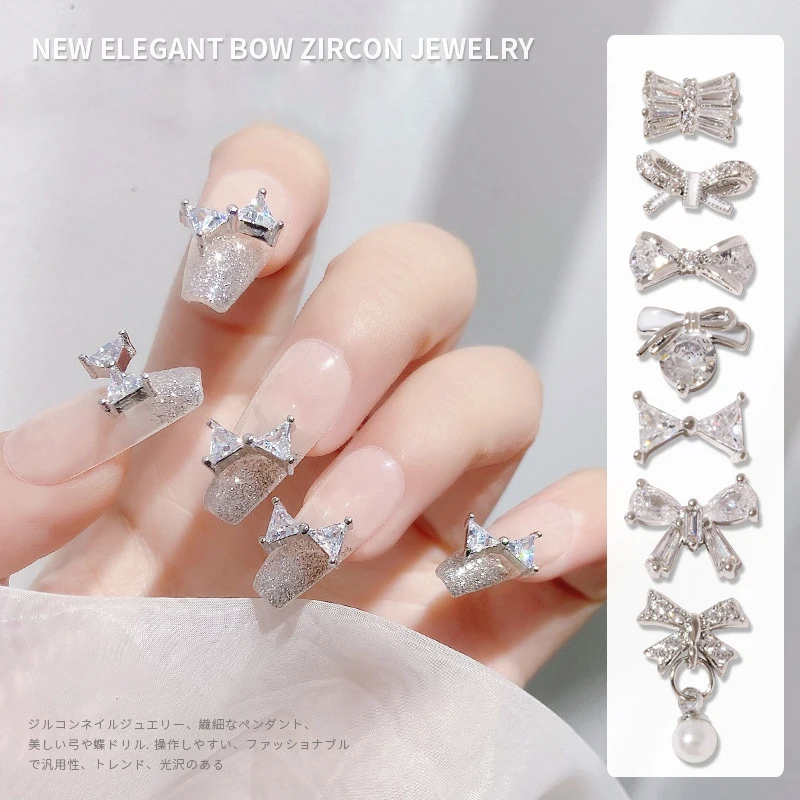 1PC Minimalist Zircon Bow Butterfly Nail Art Charms Pearl Pendant Chain 3D Alloy Jewelry Nail Decorations