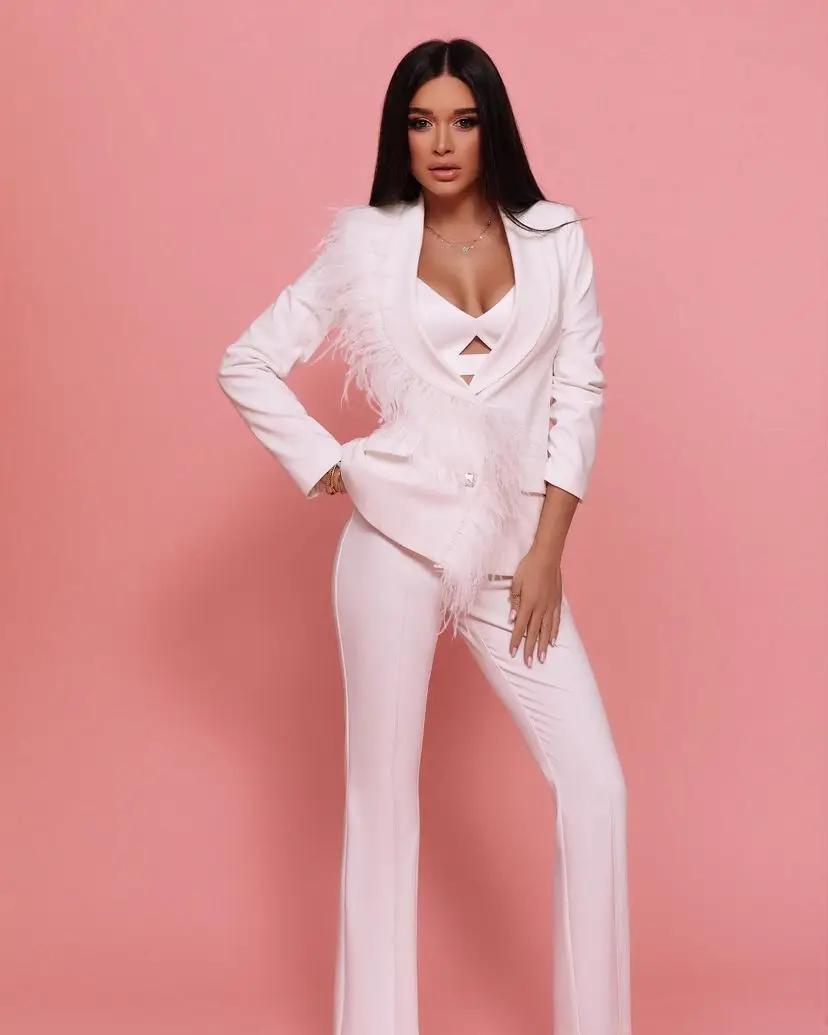 Customize Feather White Elegant Lady Office Wear Suit Casual Plus Size Women Long Sleeve Coat Pant