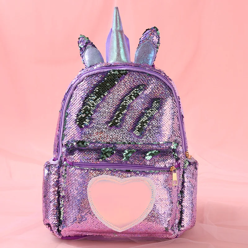 Cute Large capacity  Unicorn Sequins Bling heart shaped Backpacks fashion shining Girls Backpack School Bags mochilas wholesales