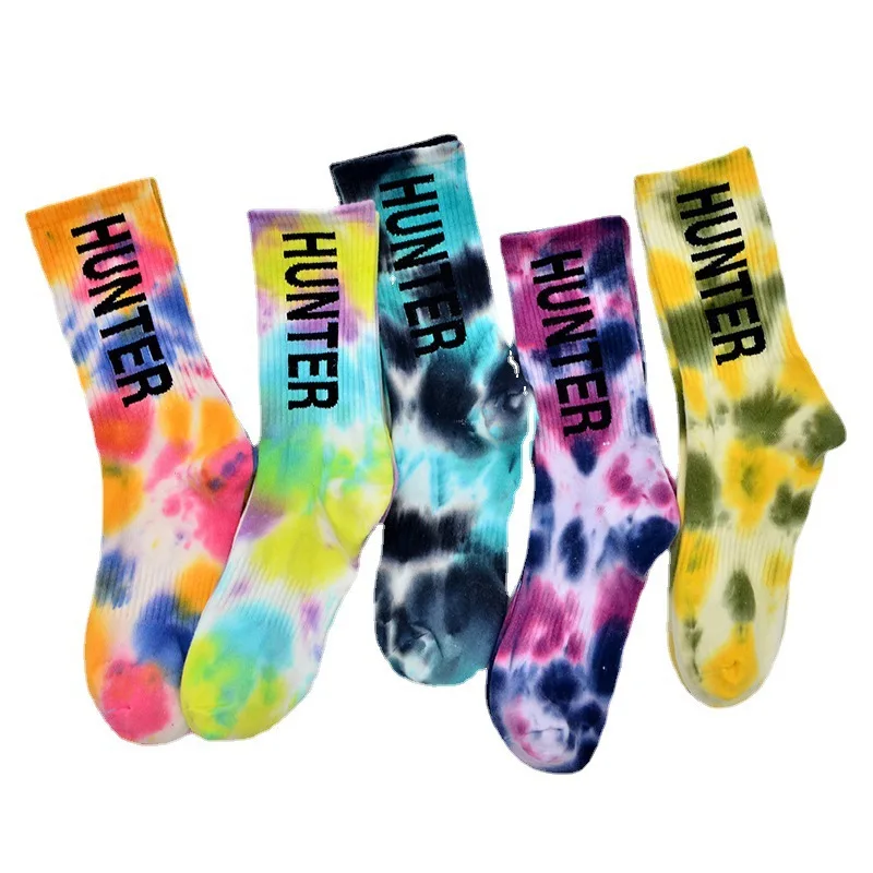 Manufacturer  Fashion Novelty Colorful men crew Skateboard Custom Logo socks Cotton Sports Tie Dye Jacquard letters Socks