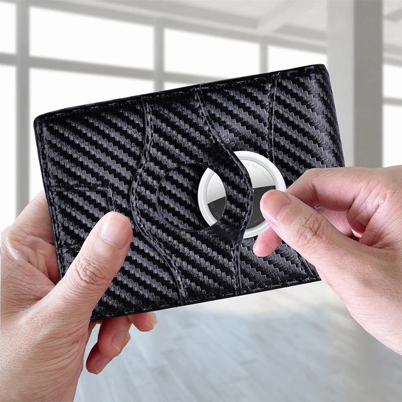 Black & Orange Carbon Fiber Minimalist RFID Blocking Wallet AirTag Slim Bifold Wallets Credit Card Holder with Money Clip