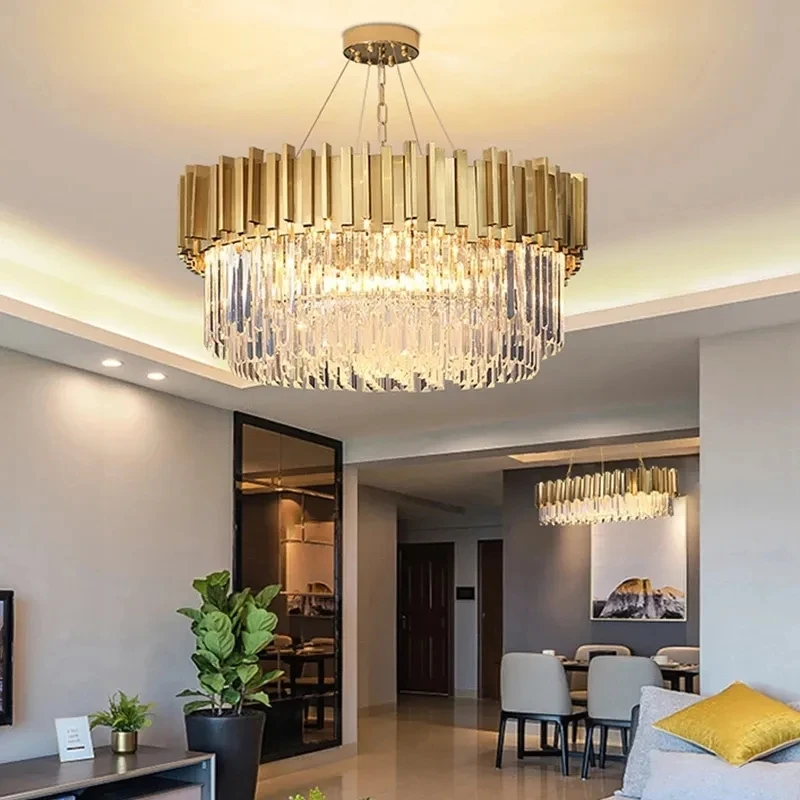 Modern Nordic Custom Living Room Decor High Ceiling Gold Luxury Pendant Lights LED K9 Crystal Chandelier