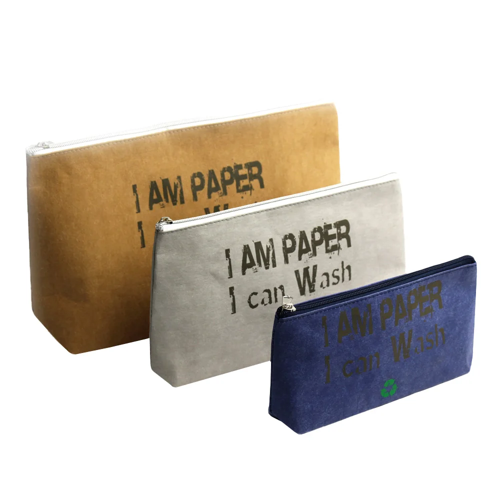 Eco-friendly Customize logo promotional paper zipper pouch luxury makeup bag washable kraft paper bag