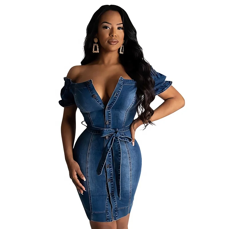 
RX-PT017 Good quality off the shoulder denim dress turkey bodycon button up shirt jeans dress with belt 