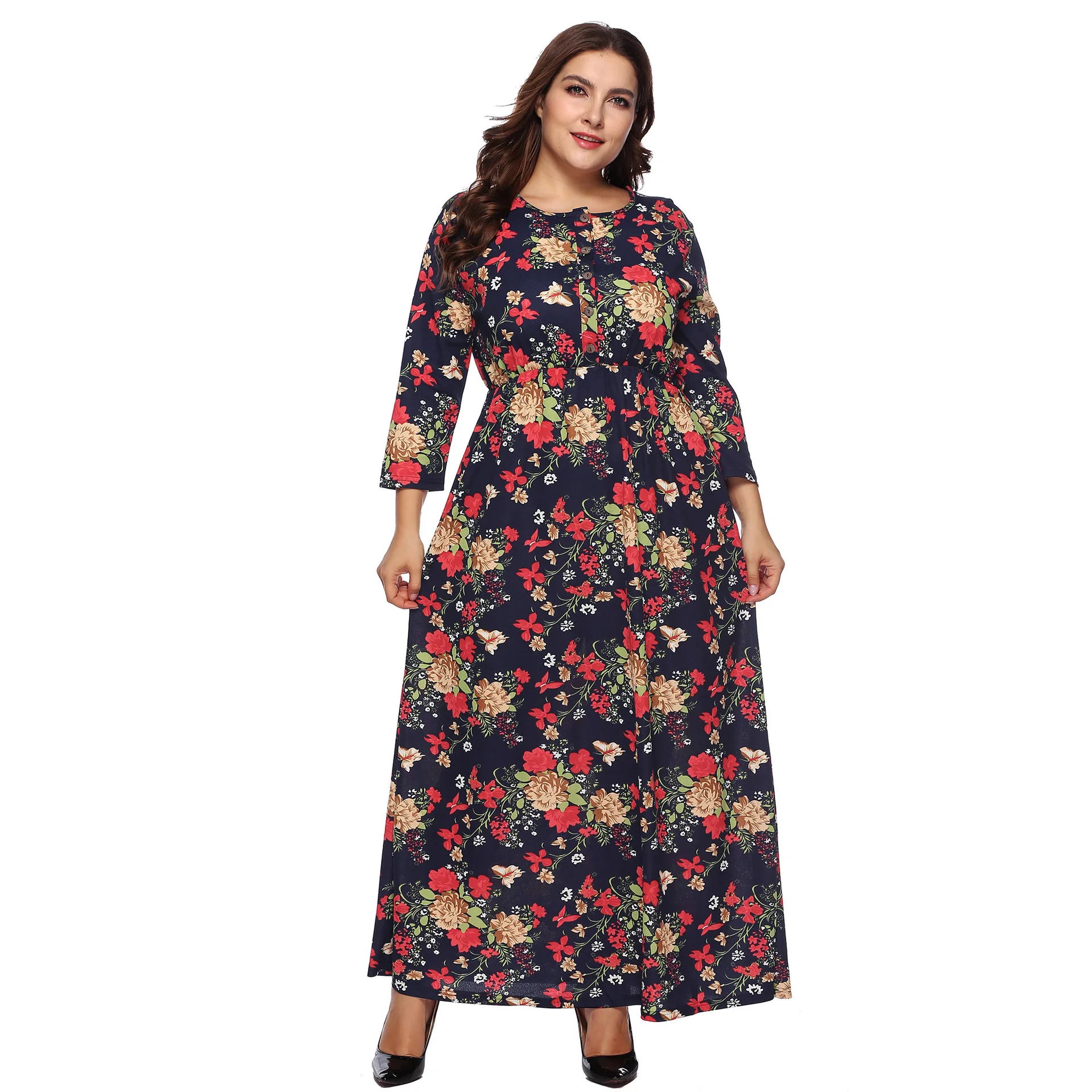 Factory OEM Autumn Plus Size Long Sleeve Retro Floral Evening Long Maxi Casual Dresses