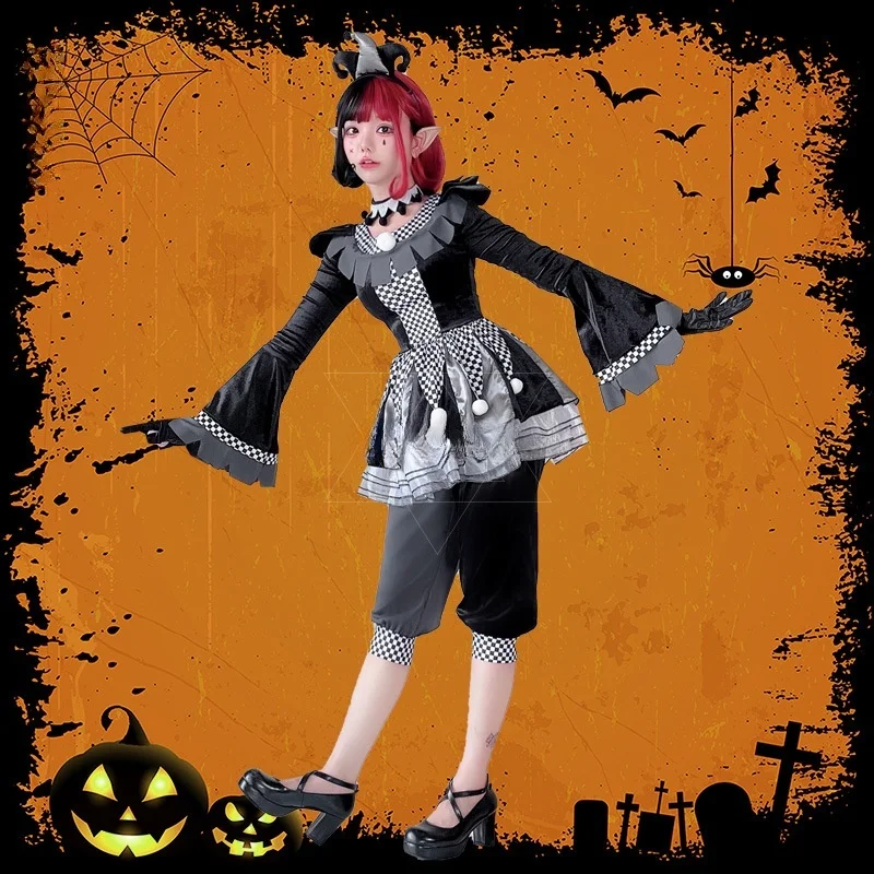 Halloween adult male and female couples costume clown suit cosplay black and white broken soul clown performance costume.