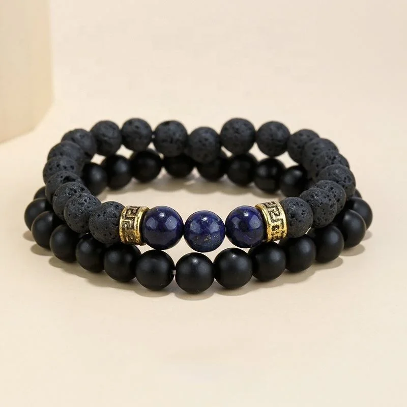 Оптовая продажа с фабрики набор эластичных мужских браслетов из лавового камня 2 шт. ювелирные изделия черных бусин вулканизированной скалой