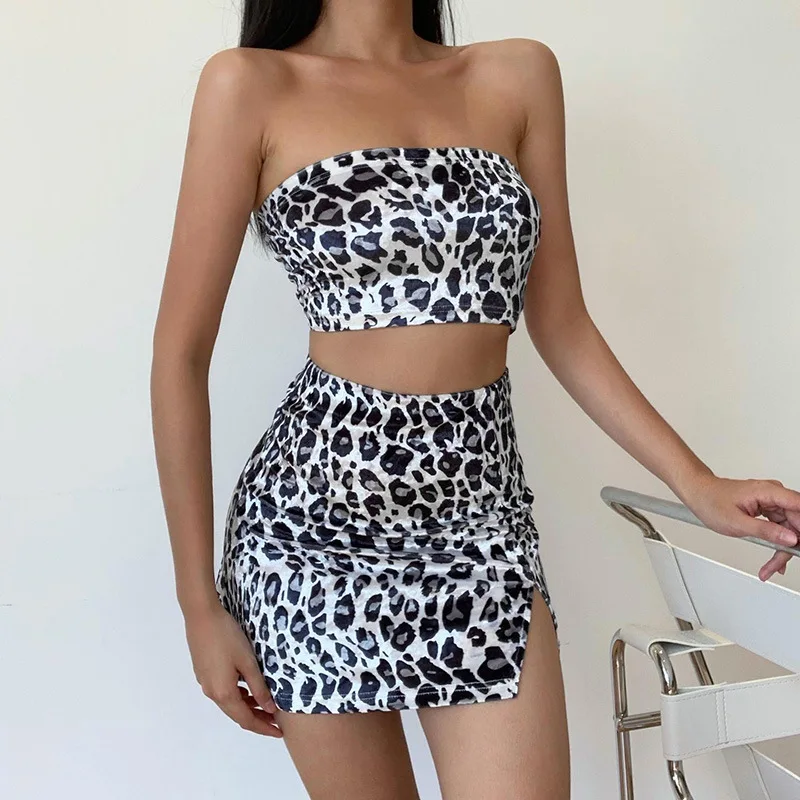
womens clothing 2021 skirt set leopard crop tank top mini skirt velvet sets womens clothing two piece fashion 