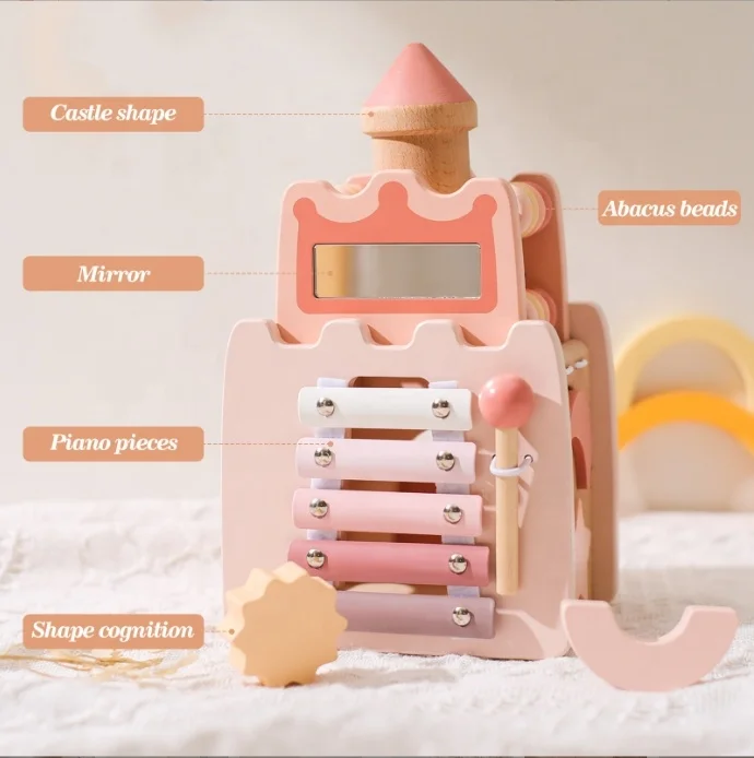 5 in 1 Montessori wooden pink castle blocks Activity Busy Cube toys for Kids girls Xylophone Education Musical Instrument