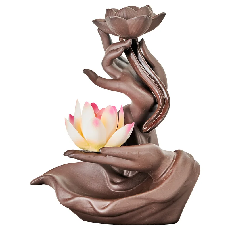 Hot sale Zen buddha hand lotus waterfall agarwood Ceramic backflow incense burner